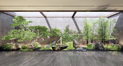新中式室内中庭景观造景3D模型下载